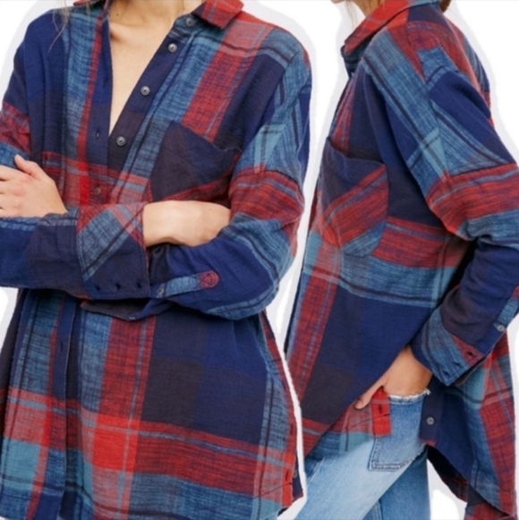 Free People Tops - FREE PEOPLE Rainy Day Red Blue  Oversized Plaid Flannel Button Down Shirt Size L